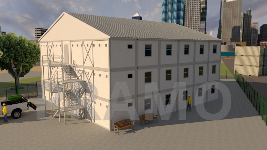 864 متر مربع، سكن عمال حاويات من ثلاثة طوابق